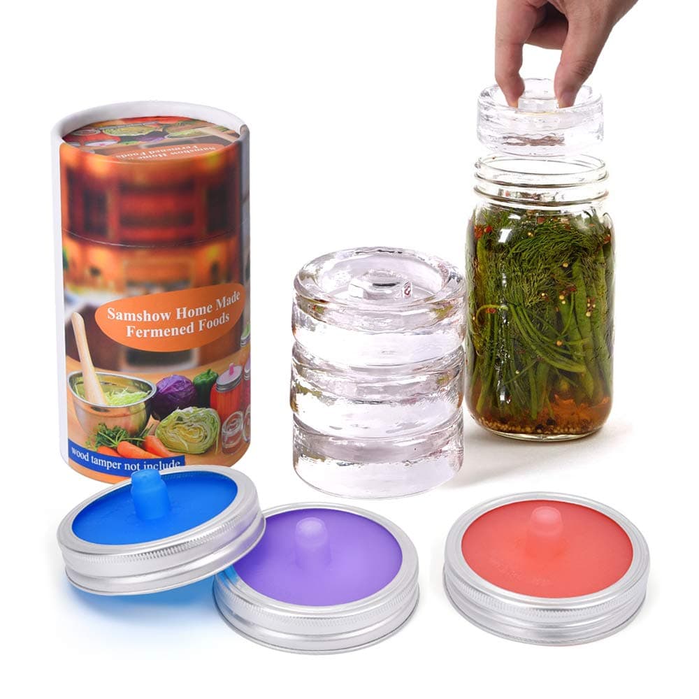 Samshow fermentation kit - 3 Pack of Fermentation Glass Weights with Easy Grip Handle, 3 pack Waterless Airlock Fermentation Lids,3 pack aluminum rust resistant bands for Wide Mouth Mason Jar
