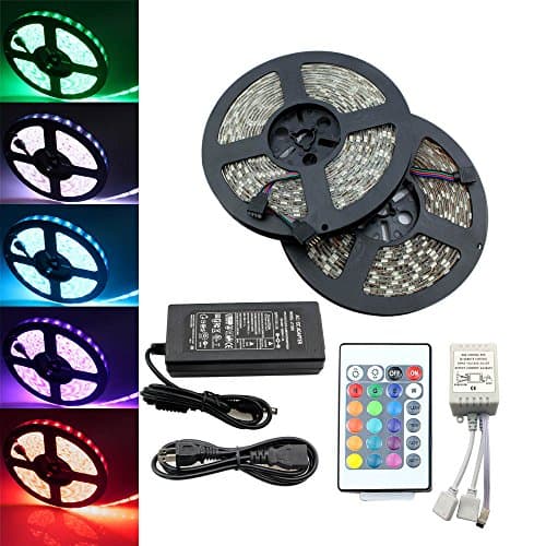 IWISHLIGHT Led Light Strips Kit IP67 Waterproof 32.8 Ft 600Leds RGB Color Changing Led Tape Light with Power Supply and 24keys Double Port IR Controller