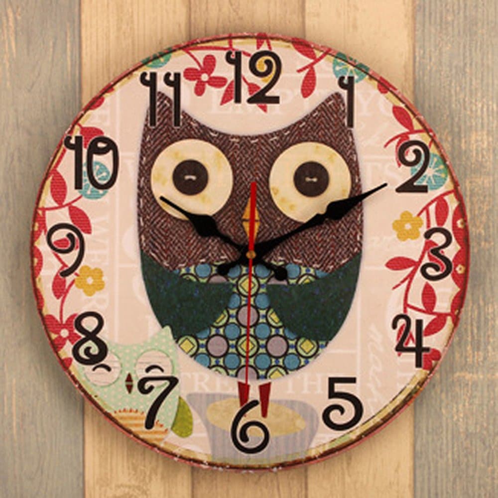 KKLOCK Wall Clock Mute Movement Sweep Second Slient for Living Room Bedroom Kitchen AA Battery Retro Industrial Night Owl Pattern Antique with Abric numerals 14 Inch (Battery not included) [Energy Class A+]