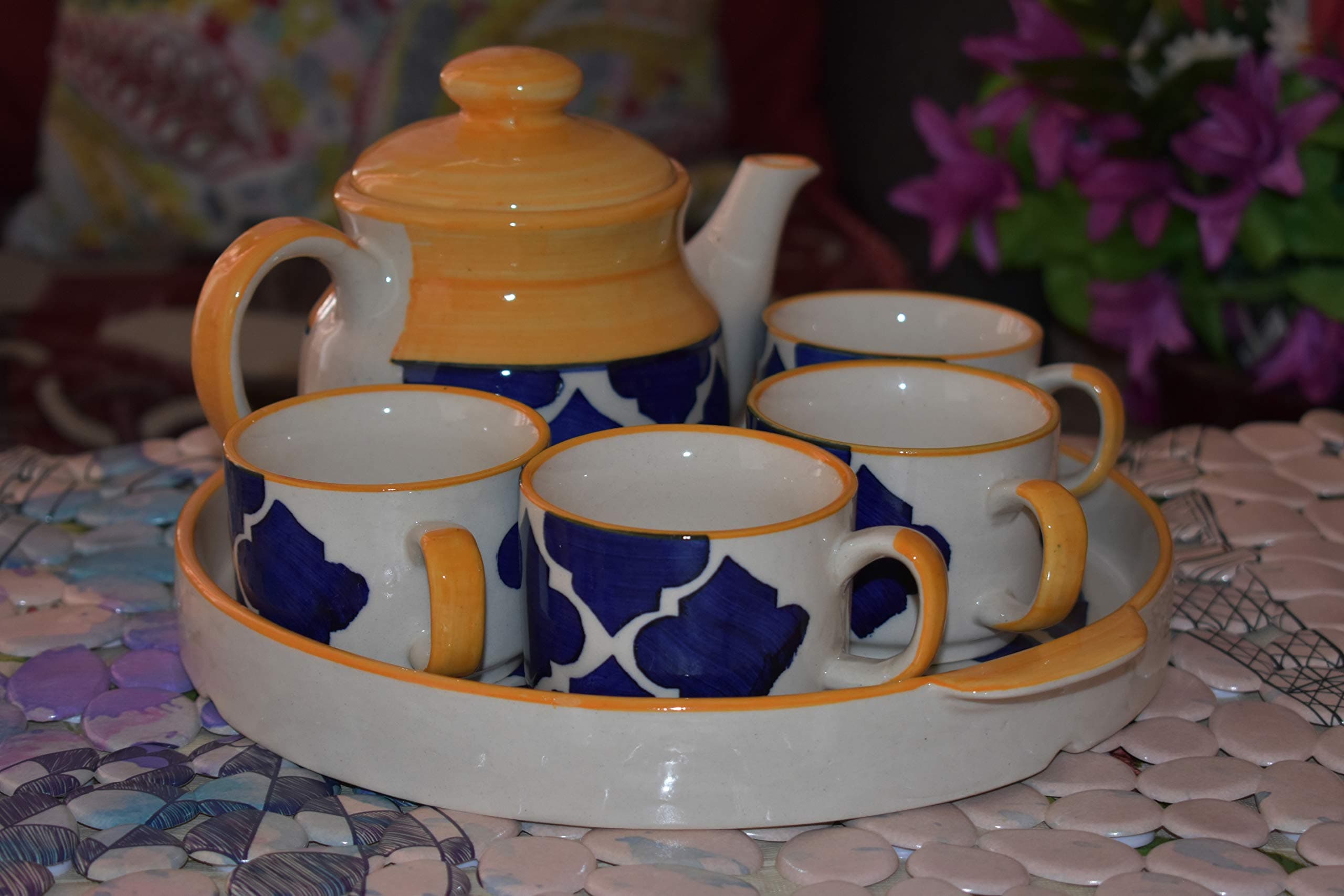 KunhaR Ceramic Teapot with 4 Cup Set | Serving Kettle with 4 Cup Set | Ceramic Kettle with 4 Cup Set