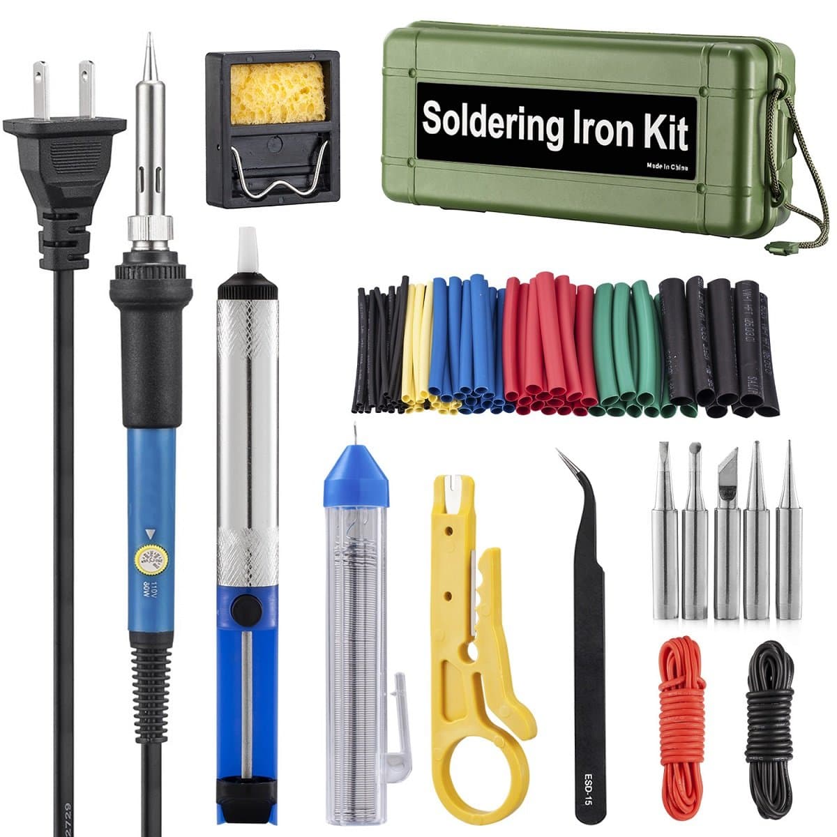 Soldering Iron Kit Electronics, 60W Adjustable Temperature Welding Tool, 5pcs Soldering Tips, Desoldering Pump, Soldering Iron Stand, Tweezers,Heat Shrink Tubing (Green)