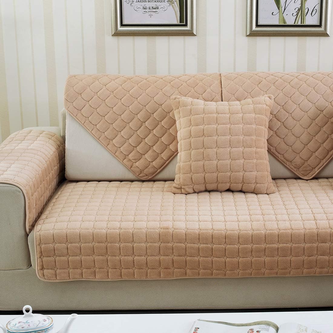 Sofa Cover 1 piece for L Shape Sofa， Winter Plush Sofa Cushion Thickened Flannel Sofa Mat Plush Anti-Skid Pet Sofa Cover, yellow, 90 * 90cm