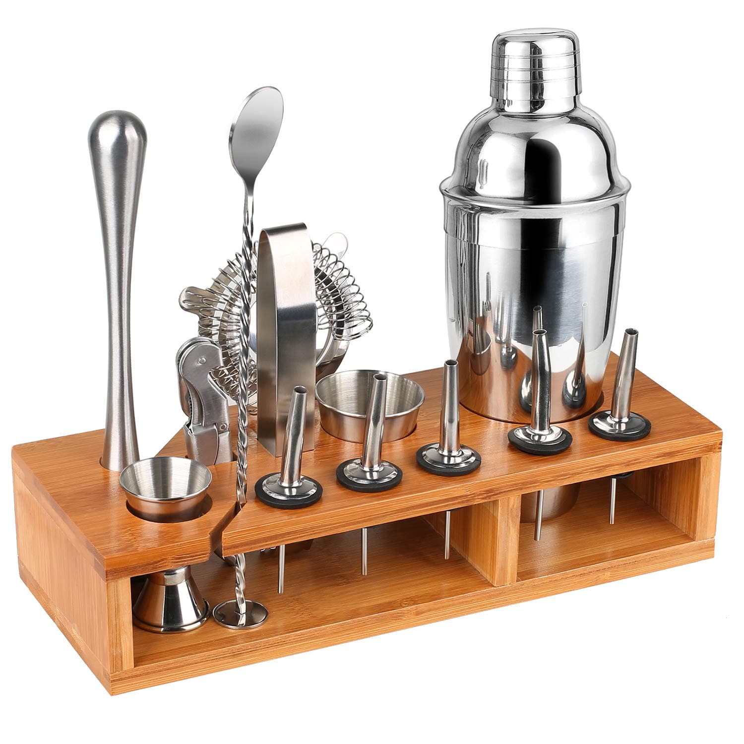 Premium Cocktail Shaker Bartender Kit - 13 Piece Bar Tool Set with Stylish Bamboo Stand, Include Bartender's Professional Shaker, Strainer, Jigger, Liquor Pourers and More