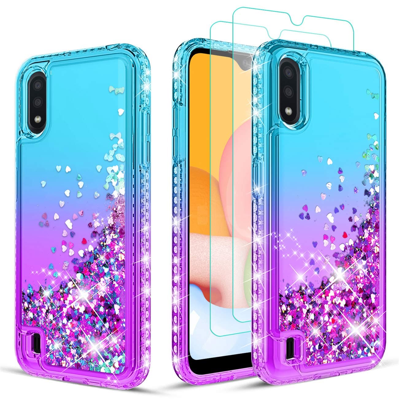 Wallme for Samsung Galaxy A01 Case with HD Screen Protector [2 Pack],Glitter Diamond Waterfall Quicksand,Sparkle Bling Bling Durable TPU Phone Case Cover for Girls Women-Teal/Purple