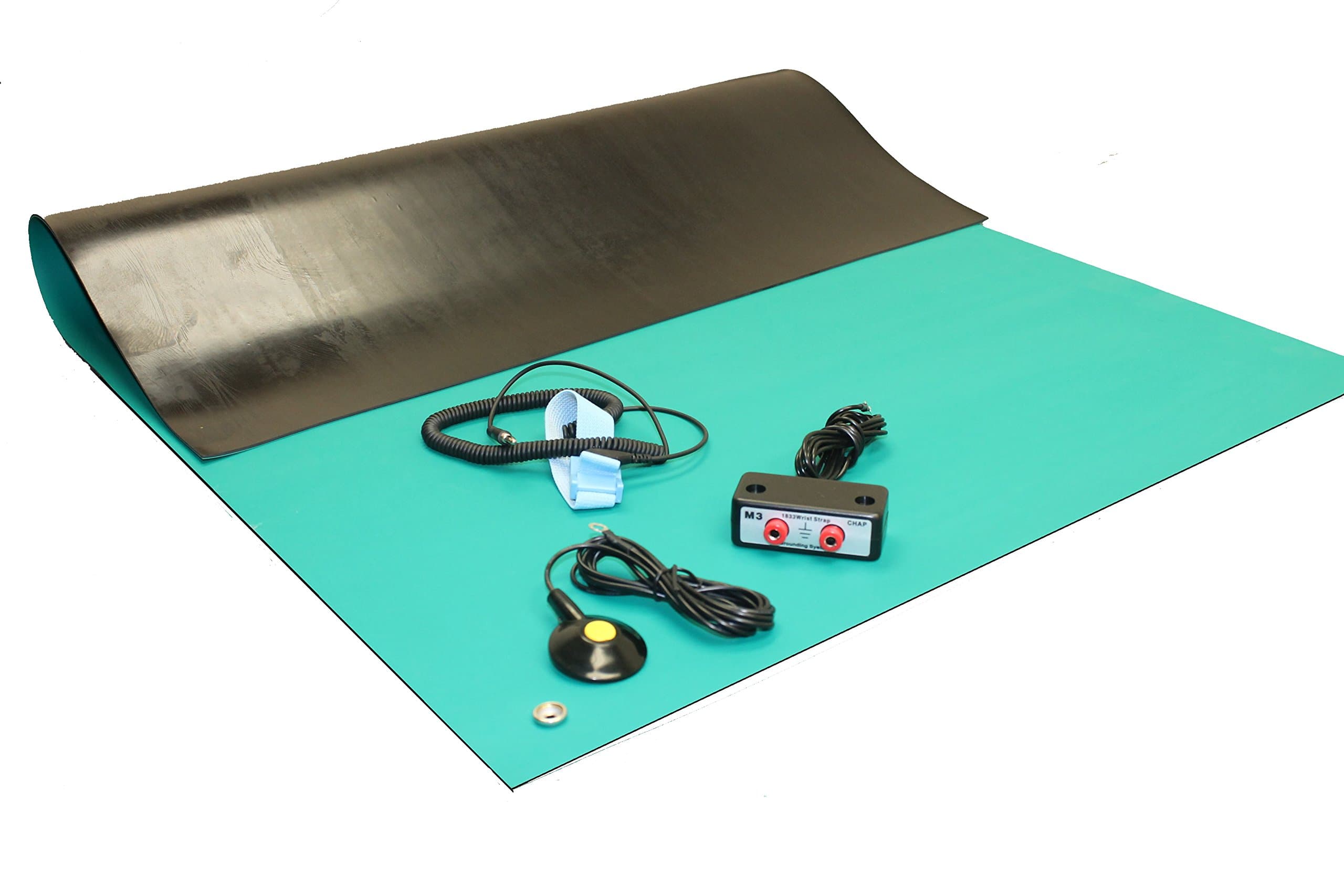 ESD High Temperature Rubber Mat Kit with a Wrist Strap and Grounding Cord, Dual Bench Grounding, 36" X 96" (3' Wide x 8' Long x 0.08" Thick), Soldering Mat, Green