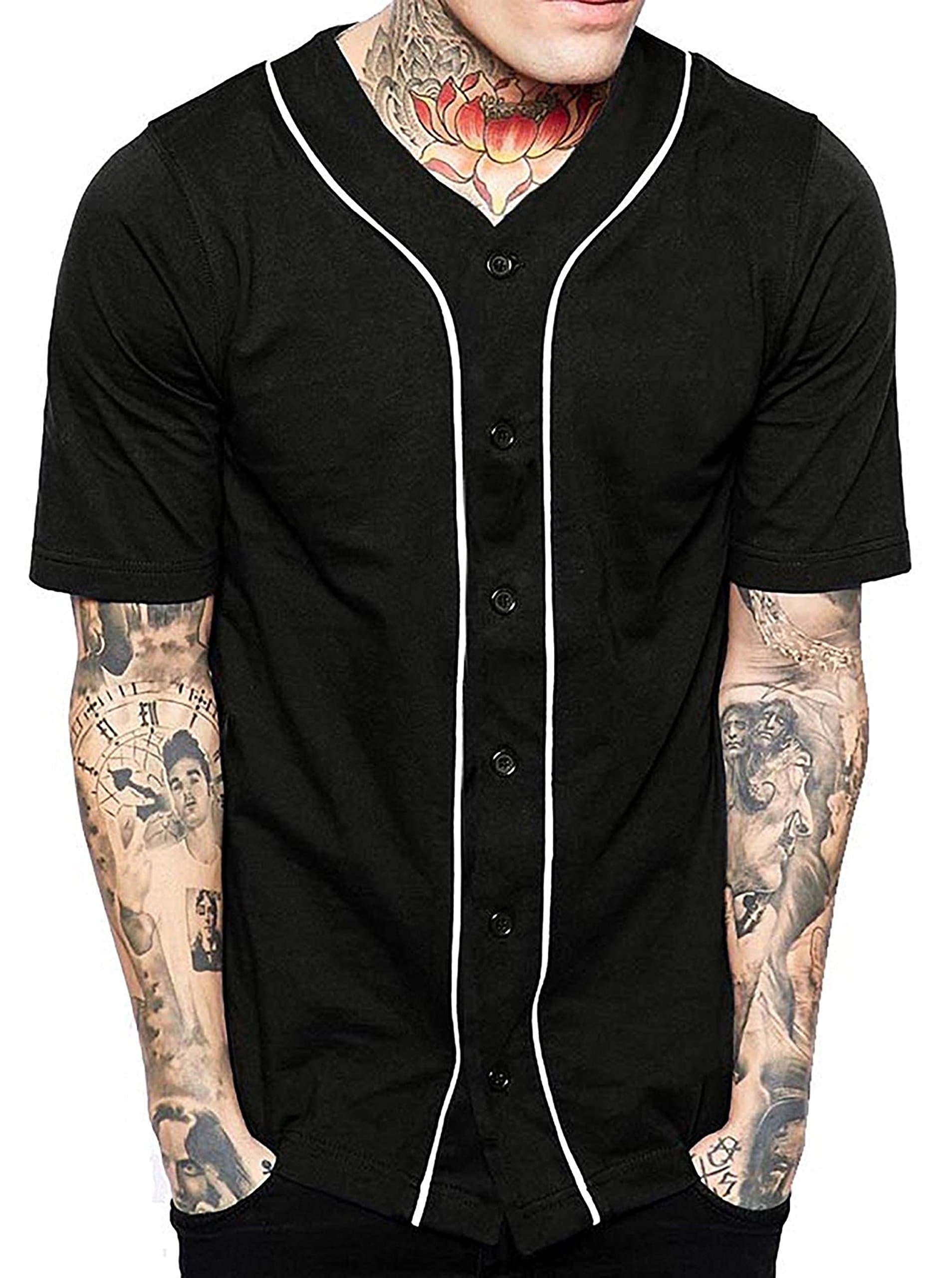 PAUSE Black Solid Cotton Round Neck Slim Fit Half Sleeve Men's Baseball Jersey