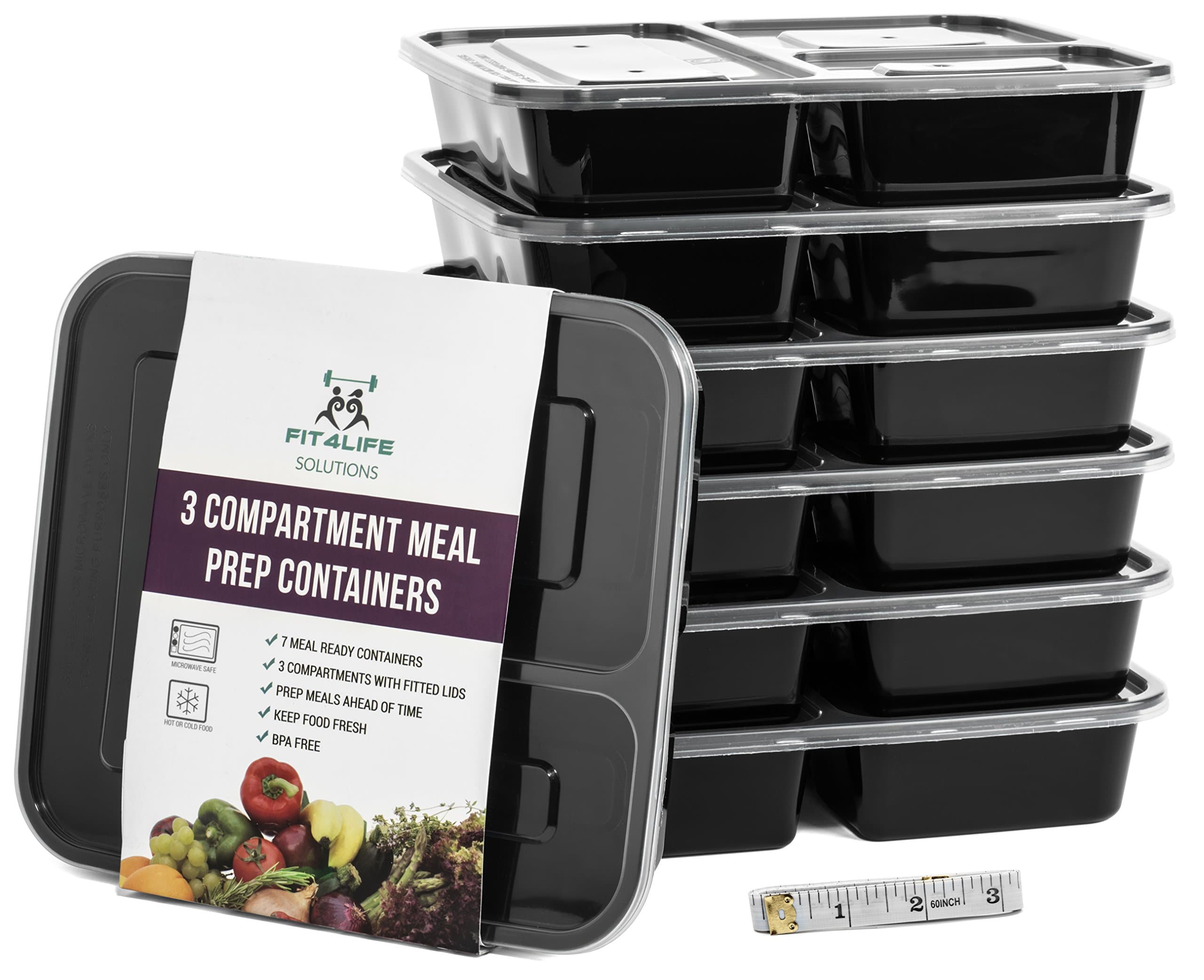 MEAL PREP CONTAINERS - 3 Compartment - 7 Pack - Reusable Plastic Meal Prep Food Storage Containers With Lids, Bento Style Lunch Box with 2 Bonuses: Measuring Tape and Meal Prep - Recipe Ebook