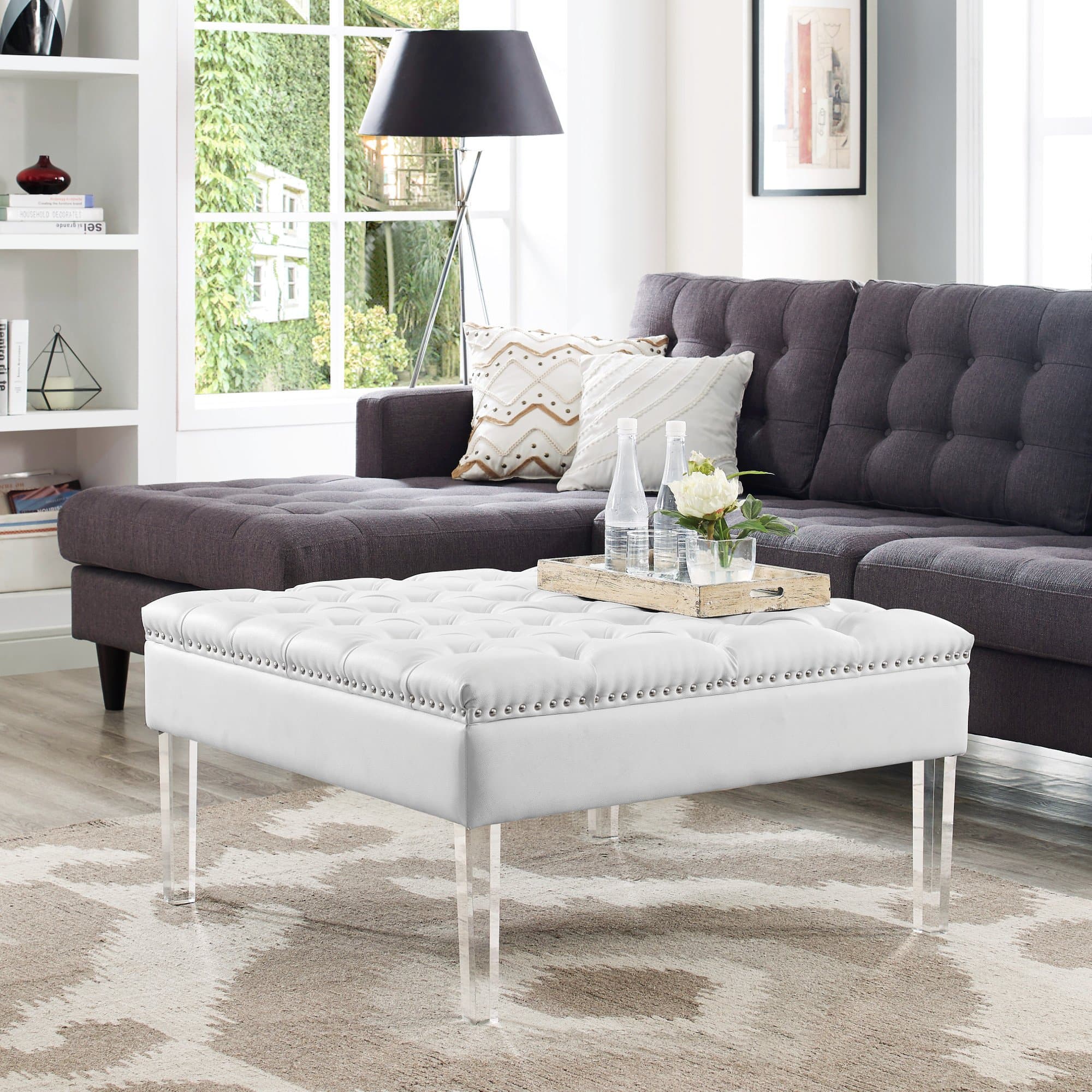 Inspired Home Coco White PU Leather Ottoman -Oversized|Button Tufted|Nailhead Trim|Acrylic Legs
