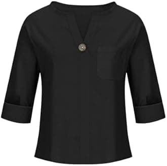 Women's Linen Shirt Button Down V Neck Trendy Solid Blouse 3/4 Sleeves Casual Loose Fit Tunic Tops Summer T Shirts