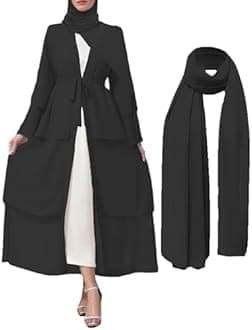 Muslim Abaya Dress for Women Modest Muslim Robe Long Sleeve Open Front Cardigan Islamic Dubai Outfits with Hijab Belt