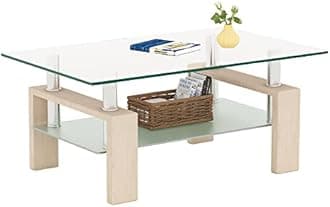 Meihua Glass Coffee Table with Metal Legs, Center Table&Glass Table for Living Room, Modern Table with Tempered Glass Top (Oak)