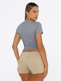 Trendy Queen Womens Short Sleeve T Shirts Summer Crop Tops Basic Slim Fit Gym Workout Y2k Clothes