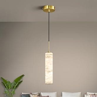 LMQNINE Natural Alabaster Pendant Lights for Kitchen Island White Marble Long Tube Chandelier 4000K Modern Gold Ceiling Light Fixtures for Bedroom Dining Room Table Living Room Hallway(S-1Pack)