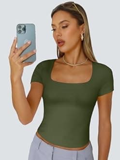 Trendy Queen Short Sleeve Shirts for Women Double Lined Square Neck Cute Going Out Crop Tops Spring Summer Teens Basic Tees