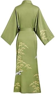 Aensso long silky kimono robes for women, lightweight & soft floral bridal robe, Olive Birds, One Size