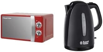 Russell Hobbs RHMM701R 17 Litre 700 W Red Solo Manual Microwave with 5 Power Levels, Ringer & Timer & Textures Electric 1.7L Cordless Kettle (Fast Boil 3KW, Black premium plastic, matt