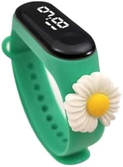 Digital Dial Waterproof Stylish & Fashionable Wrist Smart Watch LED Band for Kids, Colorful Cartoon for Boys & Girls (Removable Silicon Strap) (Green Flower)