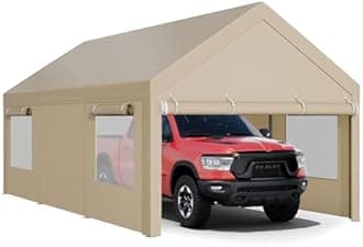 JY QAQA Carport, 12x20 FT Heavy Duty Carport with Removable Side Walls and Doors, Portable Garage with Roll-Up Window and Sandbags, Car Canopy with All-Season Tarp for Cars, Boats, Trucks, Khaki