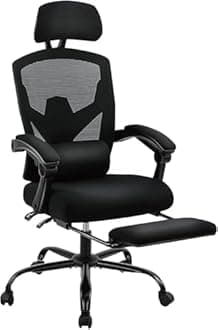 DUMOS Home Office Desk Chair with Footrest, High-Back Mesh Rolling Swivel Reclining Chairs with Wheels, Comfortable Headrest, Lumbar Support, Comfy Arms for Home, Office, Gaming, Student, Black