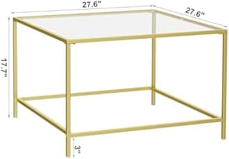 Homleke Glass Coffee Table, Modern Square Coffee Table for Living Room, Minimalist Center Tea Table with Sturdy Metal Frame for Apartment, Office, Easy Assembly, 27.6 x 27.6 x 17.7 Inches, Golden