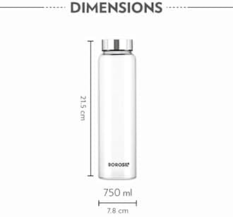 Borosil 750ml Crysto Bottle Set with Lid | Borosilicate Glass Wide Mouth Bottle for Fridge | Extreme Temperature Resistant For Hot & Cold Water, Milk, Lassi, Juice (Pack of 4, Steel Lid)