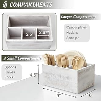 DRASTAR Silverware Caddy, Wooden Utensil Holder, Picnic Cutlery Holder,Retro White Silverware Holder, Plastic Silverware Caddy for Party, Countertop, Camping