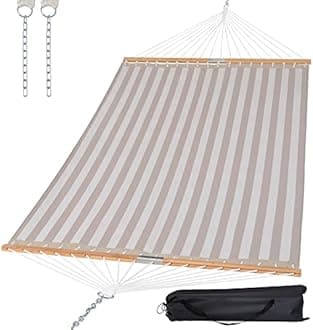 SUNCREAT Hammocks 14 FT Quick Dry Hammock Double Size with Spreader Bar, 2 Person Hammock for Outdoor Patio Yard Poolside, 450 lbs Capacity, Light Gray Stripes