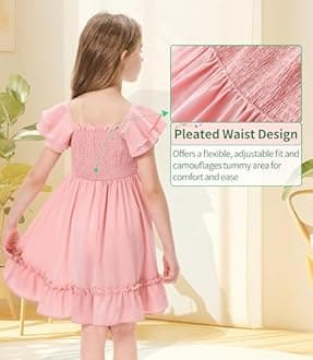 Girls Summer Dress Cute Double Layer Ruffle Sleeve Smocked Off Shoulder Dresses 5-14 Years