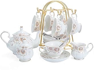 CHP Porcelain Ceramic Coffee Tea Sets, Cups and Saucer Service for 6, Teapot, Sugar Bowl, Creamer Pitcher and Teaspoons -21-Piece
