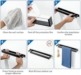 SAYAYO Black Towel Rail with a Hook Self Adhesive Towel Holder Wall Mounted 30CM/12-Inch, SUS304 Stainless Steel Towel Ring for Bathroom Kitchen
