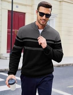 MAGCOMSEN Men's Sweaters 1/4 Zip Up Casual Striped Pullover Polo Sweaters Fall Winter Sweatshirts, Dark Grey Black, S
