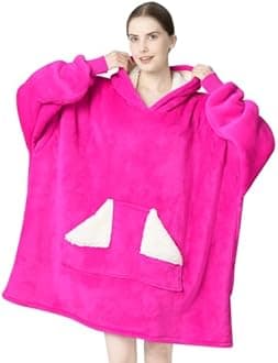 Touchat Wearable Blanket Hoodie, Oversized Sherpa Fleece Sweatshirt Blanket with Giant Hood Pocket and Sleeves for Adult, Warm & Cozy Blanket Gifts for Women (Neon Pink)