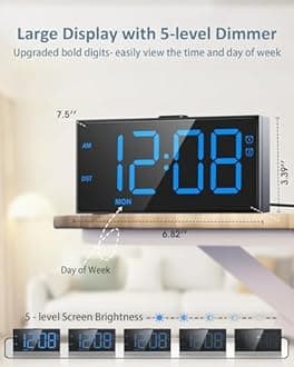 Digital Alarm Clock for Bedroom Heavy Sleepers,7.5''Large Display,2 Alarms,Weekday/Weekend,Electric Bedside Desk Clock,Adjustable Volume,Dual Charging Ports,Snooze,Dimmer,Memory Function,12/24H &DST
