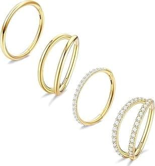 Dochais 4PCS 18G Nose Rings Hoops, Surgical Steel Earrings Tragus Septum Piercing CZ Clicker Ring, Hinged Segment Conch Lip Cartilage Double Hoops 8mm 10mm For Women Men