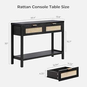 SICOTAS Black Console Table Set of 2 - Boho Entryway Table with Rattan Drawers, 2 Tier Shelf, Narrow Long Sofa Tables for Living Room, Entry Table for Hallway, Foyer