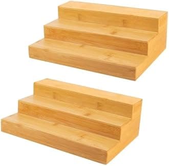 2 Pack Bamboo Spice Rack Organizer for Kitchen Counter, 3 Tier Spice Shelf Holder for Cabinet (Jars Not Included)