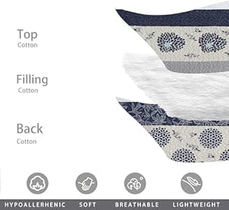 Homzard Quilt Queen Size - Queen Comforter Set,Navy Blue Beige Grey All Cotton Quilted Bedspread Set,Striped Floral Pattern Quilt,Lightweight Paisley 3 Piece Bedding,All Seasons