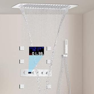 AYIVG Thermostatic 16 * 24 Shower System With Body Jets Ceiling Rainfall Shower Combo Set Digital Display Shower Fixtures With Shower Valve And Hand Shower And Body Nozzle Chrome