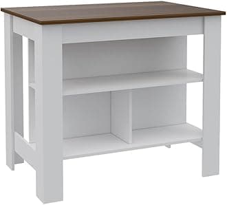 Tuhome Furniture Cala Modern Engineered Wood Kitchen Islands with Large Table Top & 3 Storage Shelves, Easy Assembly, in White/Walnut Finish