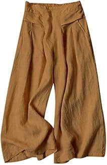 Gihuo Women' s Culottes Linen Blend Wide Leg Pants Elastic Waist Casual Palazzo Trousers with Pockets Capris