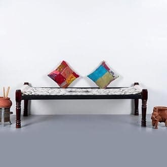 Rajasthani Wooden Khatiya Khaat | Traditional Handcrafted Wooden Charpai Bed | 6x3 Feet | Solid Wood Frame with Durable Cotton Ropes for Home, Garden, or Outdoor Use (Black and White)