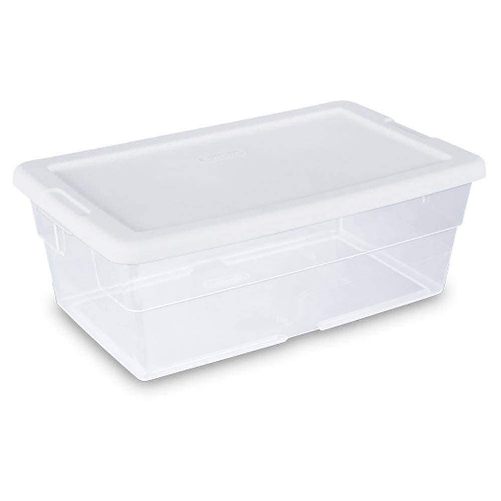 Sterilite 6 Qt Storage Box, Stackable Bin with Lid, Plastic Container to Organize Shoes and Crafts on Closet Shelves, Clear with White Lid, 1-Pack
