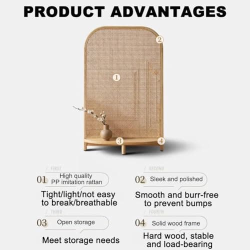 Single Panel Solid Wood Room Divider, Removable Rattan Indoor Screen, Multifunctional Base with Storage, Bedroom Decoration, Freestanding Wall Divider,C