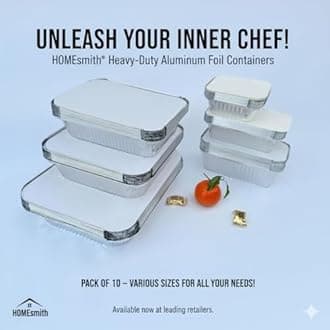 HomeSmith 10 Pack Aluminium Foil Trays with Lids Containers Strong and Large Tin Foil Food Take Away Container Disposable Food Take Out Box with Lid|2 Litre |, Silver