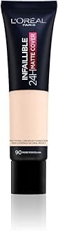 L'Oreal ParisFoundation, Infallible Matte Cover 24hour 90 Rose Porcelain, Sweat-proof, Heat-proof, Transfer-proof and Water-proof, SPF 18, 30 ml[Amazon-developed Certification] Compact by Design