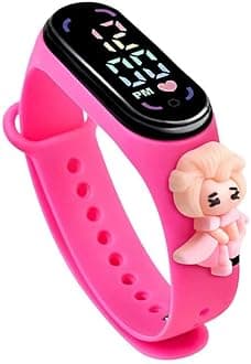 Digital Dial Waterproof Stylish & Fashionable Wrist Smart Watch LED Band for Kids, Colorful Cartoon for Boys & Girls (Removable Silicon Strap) (Dark Pink Doll)