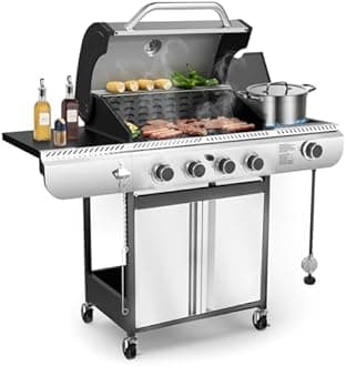 Electactic 4-Burner Gas BBQ Grill with Side Burner, Porcelain-Enameled Cast Iron Grates, Baking Pan, 42,000 BTU Stainless Steel Propane Grill for Outdoor Cooking and Patio Barbecues
