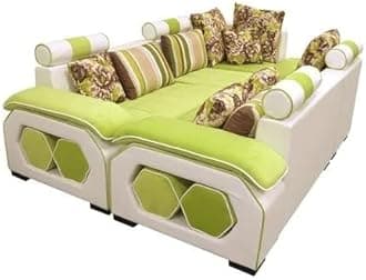 Ripple FURNITURE U Shape 9 Seater Modern Interchangeable Fabric Sofa Set with 4 Puffy (Right, Green & White)