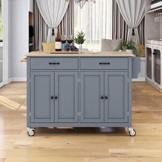 Elefesign FridayParts FridayParts Kitchen Island Cart with Solid Wood Top and Locking Wheels, 54.3 Inch Width, 4 Door Cabinet and Two Drawers, Spice Rack, Towel Rack, Grey Blue