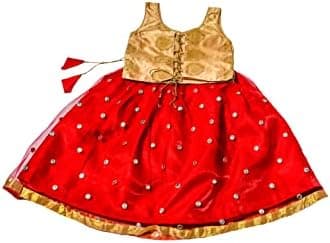 Gold Brocade & Red Net Sleeveless Lehenga Choli Set, Designer Pattu Pavadai, Kids Ethnic Wear